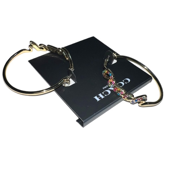 COACH Gold Tone Hypoallergenic Rainbow Crystal Logo Script Hoop Earrings - Picture 6 of 10
